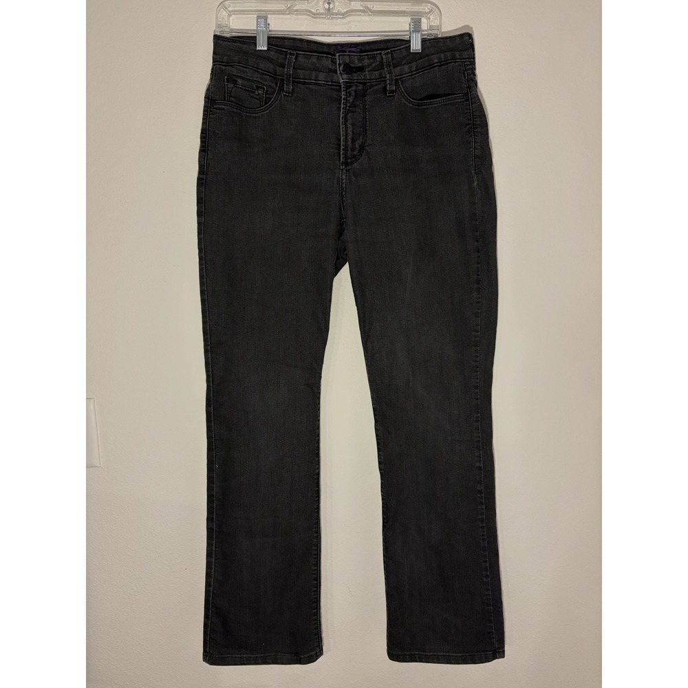NYDJ Womens Denim Jeans Faded Black Straight Leg Sz 10 Lift Tuck Pocket Detail